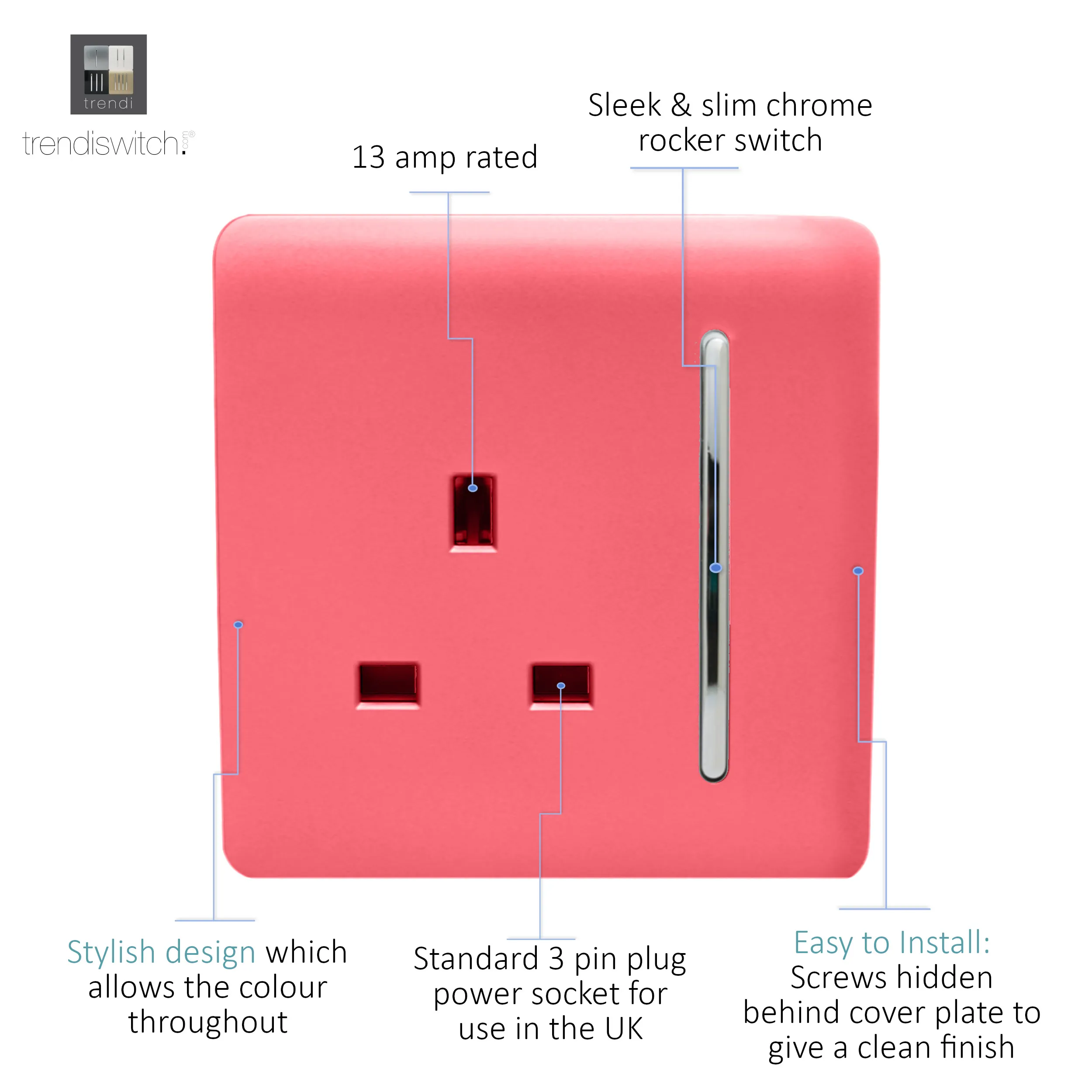 1 Gang 13Amp Switched Single Socket Strawberry ART-SKT13SB  Trendi Strawberry